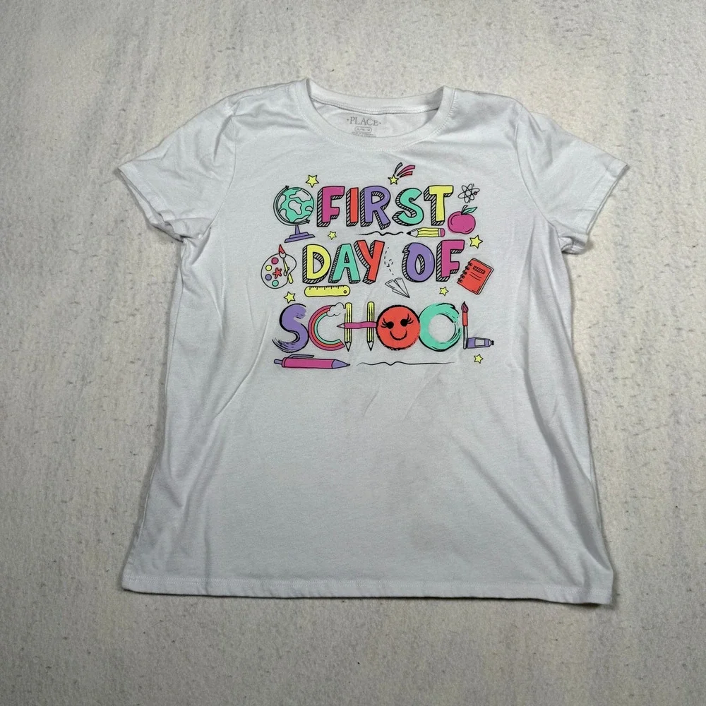 Childrens Place Girls First Day of School Graphic T-Shirt White XL 14
